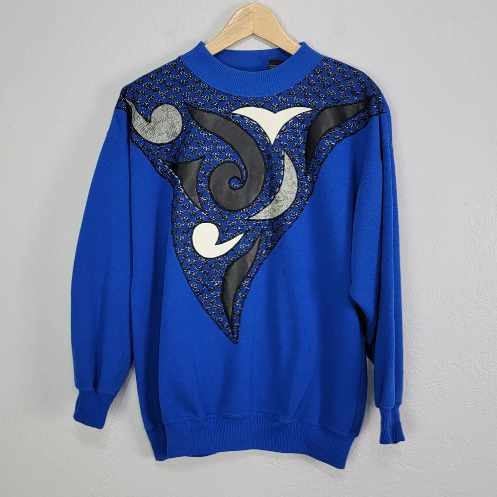 Vintage 80s Extravagannza Mock Neck Abstract Royal Blue Sweatshirt Size Large - Picture 10 of 17